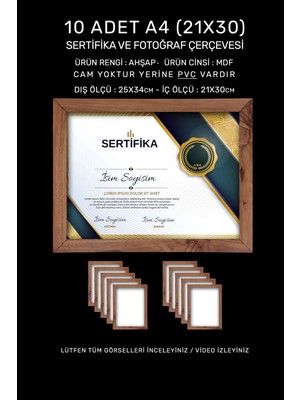 10 Adet A4 Çerçeve - Mdf 21X30 Çerçeve - Çoklu Fotoğraf Çerçevesi - Diploma Çerçevesi - Sertifika