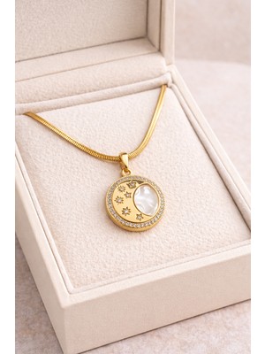 Paslanmaz Çelik Ay Yıldız Kolye Model 7 - Gold Kaplama Zirkon Taşlı Zarif Tasarım | Kararmaz Kadın K