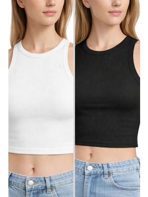 Comeor Kadın Siyah-Beyaz Fitilli Görünümlü Askılı Kalın Esnek Örme 2'li Basic Crop Atlet Bluz