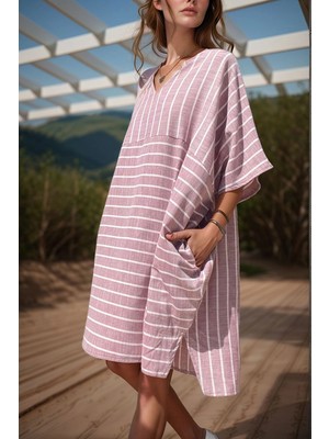 Bacc Bordo Keten V Yaka Asimetrik Çizgili Cepli Salaş Elbise BCBSK-25700-3340