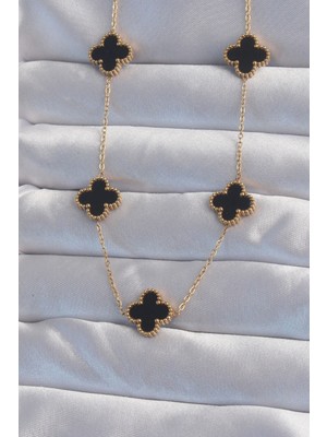 Luz&Pos 316L Çelik Gold Renk Siyah Mineli Yonca Kolye