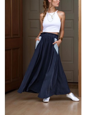 Bacc Siyah Cebi Hasır Detaylı Beli Lastikli Salaş Etek BCBSK-25700-3389