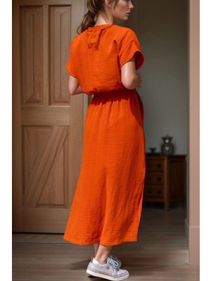 Bacc Turuncu Müslin Kruvaze Kendinden Kemerli Yanı Yırtmaçlı Elbise BCBSK-25700-3612