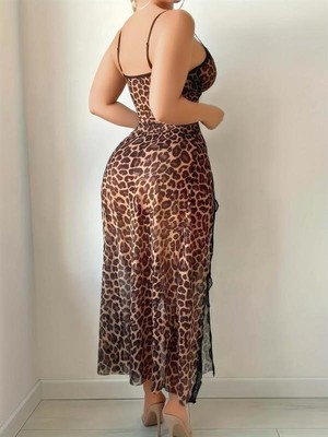 Hayat Store Arias Closet Leopar Desenli Yırtmaçlı Fantezi Uzun Gecelik