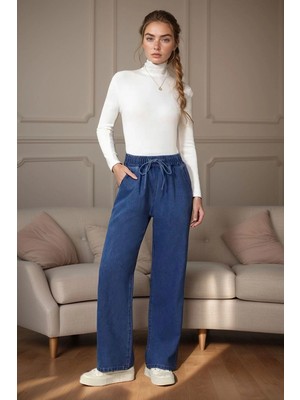 Bacc Mavi Beli Lastikli Bol Paça Cepli Yıkamalı Kot Pantolon BCBSK-25700-KT-0088