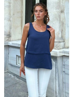 Bacc Lacivert Müslin Pis Dikiş Askılı Parçalı Salaş Bluz BCBSK-25700-3423