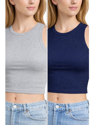 Comeor Kadın Gri-Lacivert Fitilli Görünümlü Askılı Kalın Esnek Örme 2'li Basic Crop Atlet Bluz