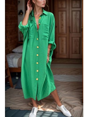 Bacc Yeşil Keten Yarasa Kol Salaş Cepli Gömlek Elbise BCBSK-25700-3282