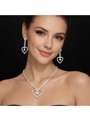 Klc Takı Kadın Gümüş Renk Model Su Yolu Zirkon Taşlı  Kalplı Kolye Küpe Seti