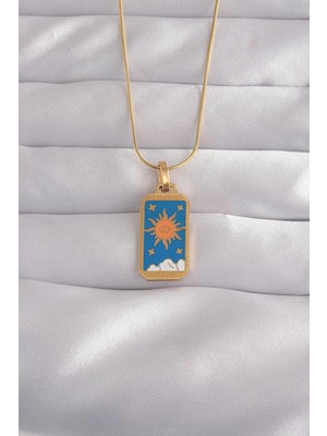 Luz&Pos 316L Çelik Gold Renk Mavi Mineli Güneş Model Tarot Kolye