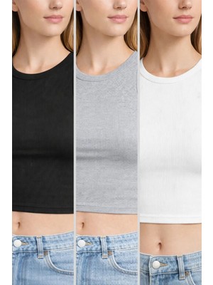 Comeor Kadın Siyah-Gri-Beyaz Fitilli Görünümlü Askılı Kalın Esnek Örme 3'lü Basic Crop Atlet Bluz