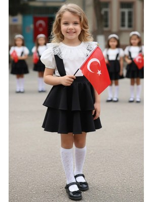 Parla Kids Kız Çocuk Helen Siyah Askılı Jile 23 Nisan 29 Ekim Gösteri Kıyafeti Elbise Ekru Dantel Kısa Kollu Bluz Abiye Takım