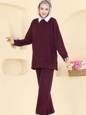 Moda Mürdüm Acı Kahve Çimalı Tesettür Ikili Takım Tunik Pantolon Şık Rahat