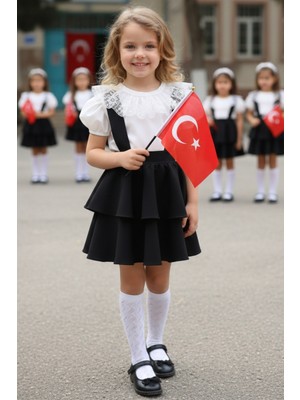 Parla Kids Kız Çocuk Helen Siyah Askılı Jile 23 Nisan 29 Ekim Gösteri Kıyafeti Elbise Ekru Dantel Kısa Kollu Bluz Abiye Takım