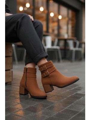 Marina Rosse Kadın Taba Süet Çift Toka Detaylı Kısa Bot