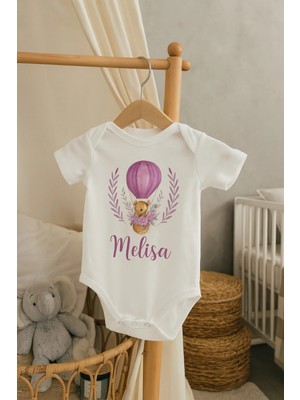 Moda Lime Kişiye Özel Bebek Body - Mor Balon ve Çiçek Desenli Isimli Organik Pamuk Tulum