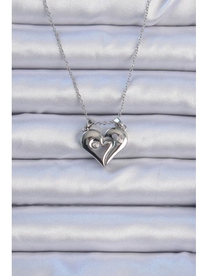 Luz&Pos 316L Çelik Zincir Gümüş Renk Zirkon Taşlı Mıknatıslı Kalp Kolye