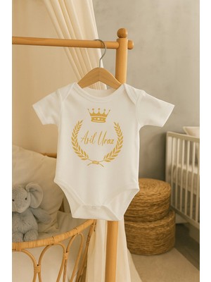 Moda Lime Kişiye Özel Bebek Body - Taç ve Defne Yaprağı Desenli Isimli Organik Pamuk Tulum