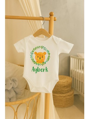 Moda Lime Kişiye Özel Bebek Body - Ayı Figürü ve Yaprak Çelenk Desenli Isimli Tulum