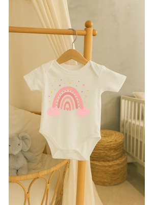 Moda Lime Bebek Body - Pembe Gökkuşağı ve Bulut Desenli Organik Pamuk Tulum