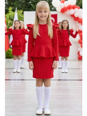 Parla Kids Kız Çocuk Diana Kırmızı Volan Etekli Fırfır Detaylı Uzun Kollu Elbise 23 Nisan Gösteri Kıyafeti