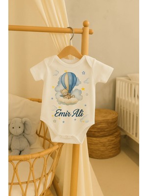 Moda Lime Kişiye Özel Bebek Body - Balon ve Bulut Üzerinde Ayıcık Desenli Isimli Tulum