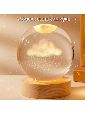 Shopwave 8 cm 3D Yağmur Bulutu Kristal Küre LED Gece Lambası Ahşap Standlı Tasarım Lamba