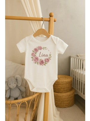 Moda Lime Kişiye Özel Bebek Body - Çiçek Çelengi Desenli Isimli Organik Pamuk Tulum