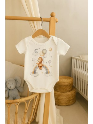 Moda Lime Bebek Tulum Organik Pamuk - Gökkuşağı ve Ayı Desenli Kısa Kollu Body