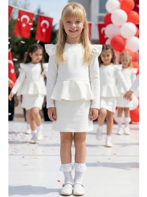 Parla Kids Kız Çocuk Diana Krem Volan Etekli Fırfır Detaylı Uzun Kollu Elbise 23 Nisan Gösteri Kıyafeti
