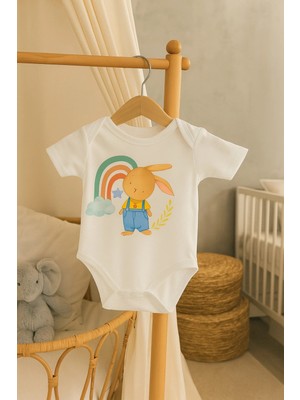 Moda Lime Bebek Body - Gökkuşağı ve Tavşan Desenli Organik Pamuk Tulum