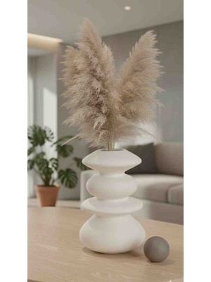 Modern Tasarım Beyaz Seramik Vazo - 23 cm Büyük Boy Dekoratif Obje - Pampas ve Çiçek Vazosu