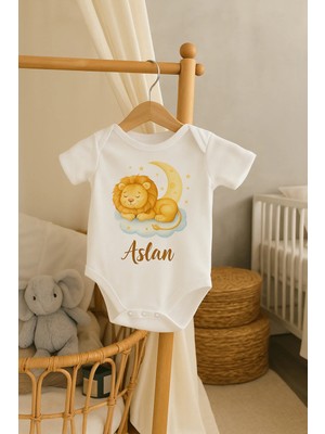 Moda Lime Kişiye Özel Bebek Body - Aslan ve Ay Desenli Isimli Organik Pamuk Tulum