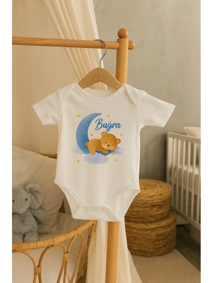 Moda Lime Kişiye Özel Bebek Body - Ay ve Uyuyan Ayıcık Desenli Isimli Organik Pamuk Tulum