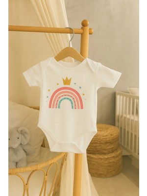 Moda Lime Bebek Body - Taçlı Gökkuşağı Desenli Organik Pamuk Tulum