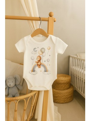 Moda Lime Bebek Tulum Organik Pamuk - Gökkuşağı ve Ayı Desenli Kısa Kollu Body