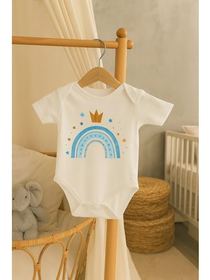Moda Lime Bebek Body - Mavi Gökkuşağı ve Taç Desenli Organik Pamuk Tulum