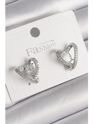 İsmiyle Al Pirinç Gümüş Renk Zirkon Taşlı Kalp Model Kadın Küpe