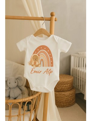 Moda Lime Kişiye Özel Bebek Body - Gökkuşağı ve Ayıcık Desenli Isimli Organik Pamuk Tulum