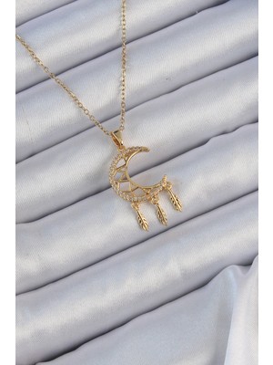 Luz&Pos 316L Çelik Zincir Altın Renk Işlemeli Zirkon Taşlı Ay Kolye