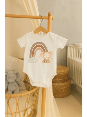 Moda Lime Bebek Body - Gökkuşağı ve Sevimli Fil Desenli Organik Pamuk Tulum
