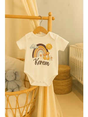 Moda Lime Kişiye Özel Bebek Body - Gökkuşağı ve Hayvan Desenli Isimli Tulum