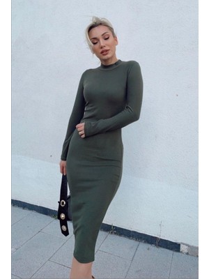 Yeşil Sarmaşık Kadın Yarım Balıkçı Yaka Süet Kumaş Fırsat Ürün Midi Boy Elbise