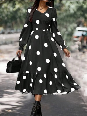 Yeşil Sarmaşık Kadın Uzun Kollu V Yakalı Beli Lastikli Puantiyeli Uzun Krep Elbise