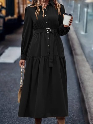 Yeşil Sarmaşık Kadın Uzun Kollu Yakalı Önden Düğmeli Beli Metal Kemerli Dokuma Maksi Elbise