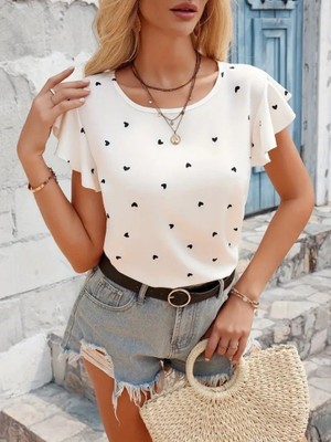 Yeşil Sarmaşık Kadın Kısa Kelebek Kollu Bisiklet Yaka Kalp Desenli Süprem Bluz