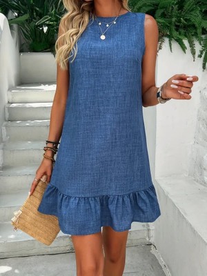 Yeşil Sarmaşık Kadın Kolsuz Bisiklet Yaka Fırfırlı Sofya Elbise