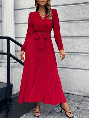 Yeşil Sarmaşık Kadın Uzun Kollu Kruvaze Yaka Belden Kuşaklı Pileli Ithal Krep Elbise