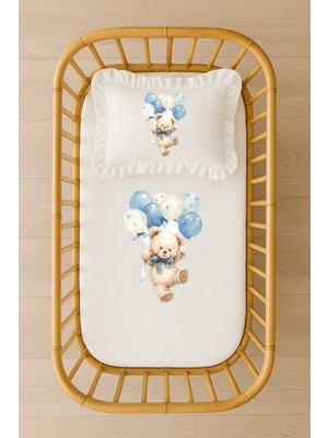 Moda Lime Mavi Balonlu Ayıcık Desenli Bebek Nevresim Takımı Içi Dolgulu Fırfırlı Yastık Kişiye Özel Isim