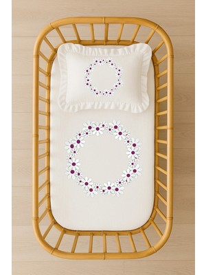 Moda Lime Papatya Çemberi Desenli Bebek Nevresim Takımı Içi Dolgulu Fırfırlı Yastık Kişiye Özel